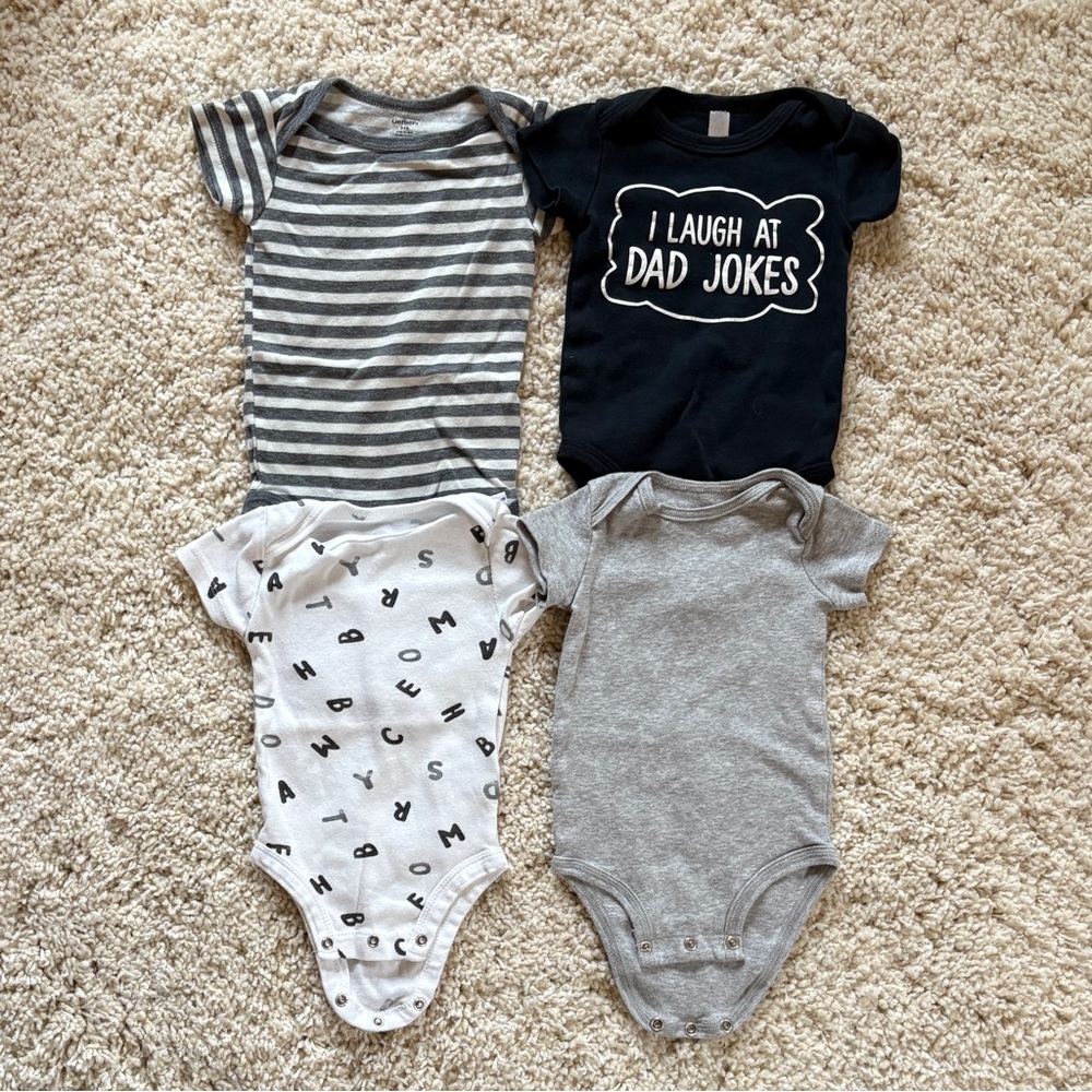 Gender Neutral Onesie Bodysuits Gray Black White “ I Laugh at Dad Jokesl” ABCs